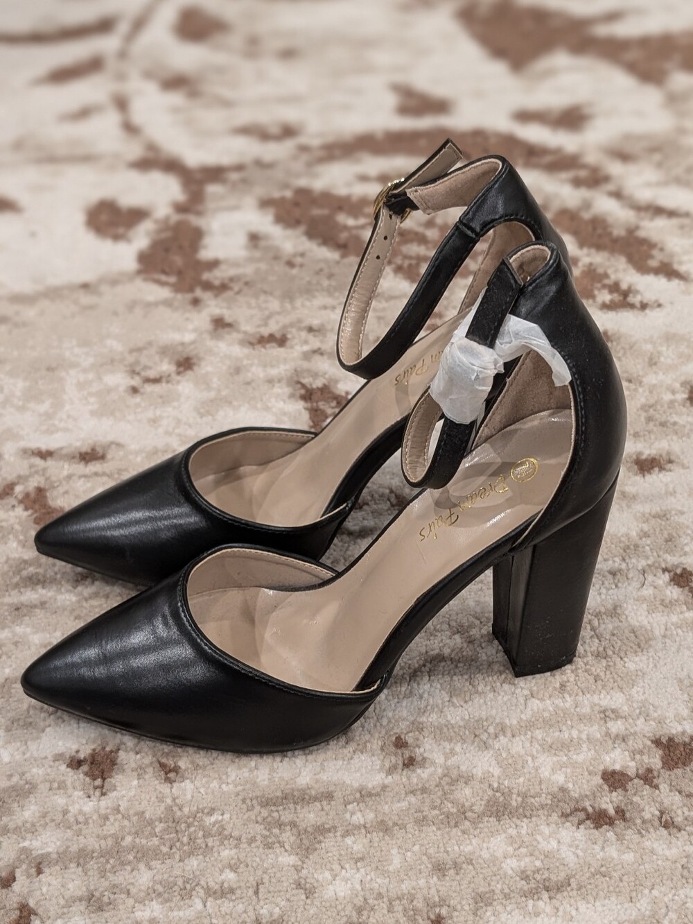 Black Pointed Toe Ankle Strap Block Heel Pumps - Picture 3 of 7